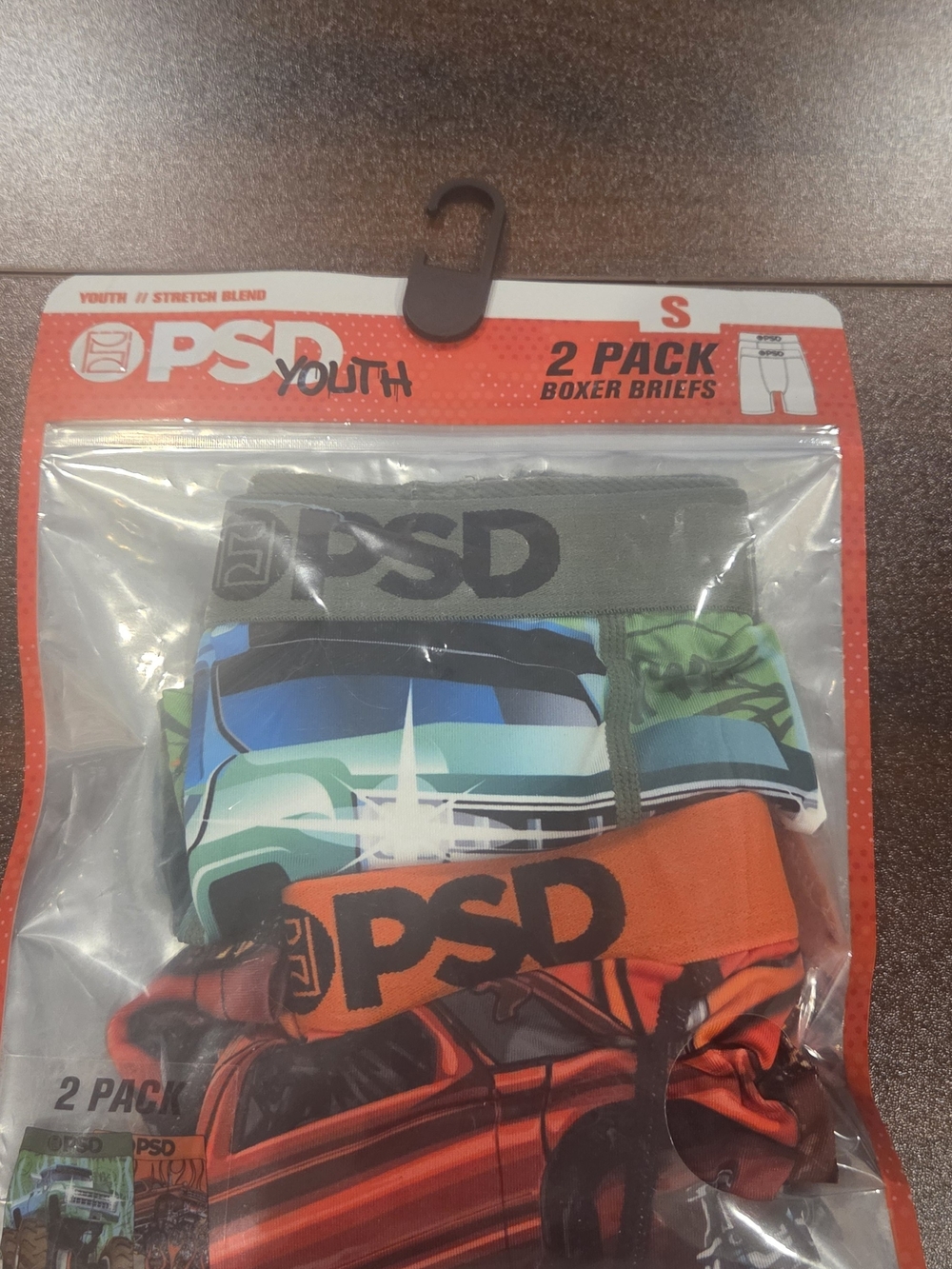 PSD Boys' Monster Truck Boxer Briefs 2-Pack Red & Green Large. Opened Package.